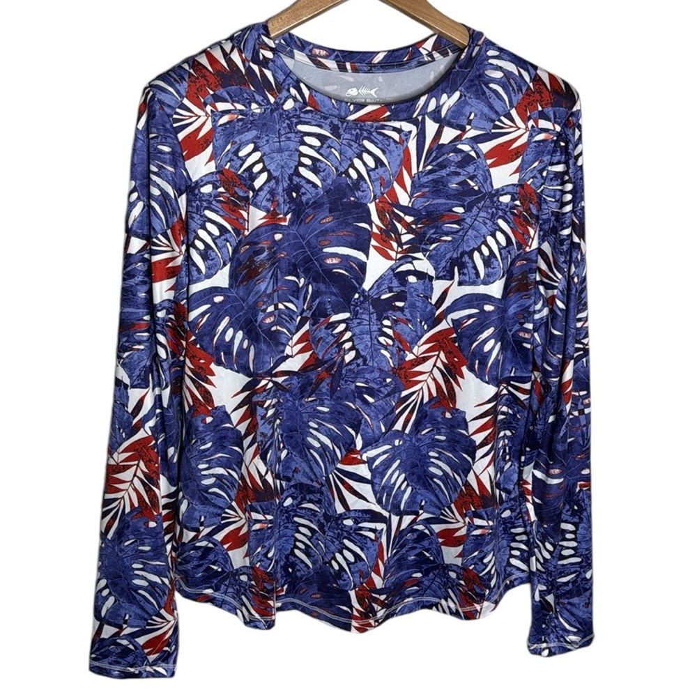 Silver Bait Fishing Gear performance tee Blue red white floral pattern Size L